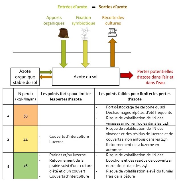 pertes d'azote estimées dans les 3 cas concrets étudiés